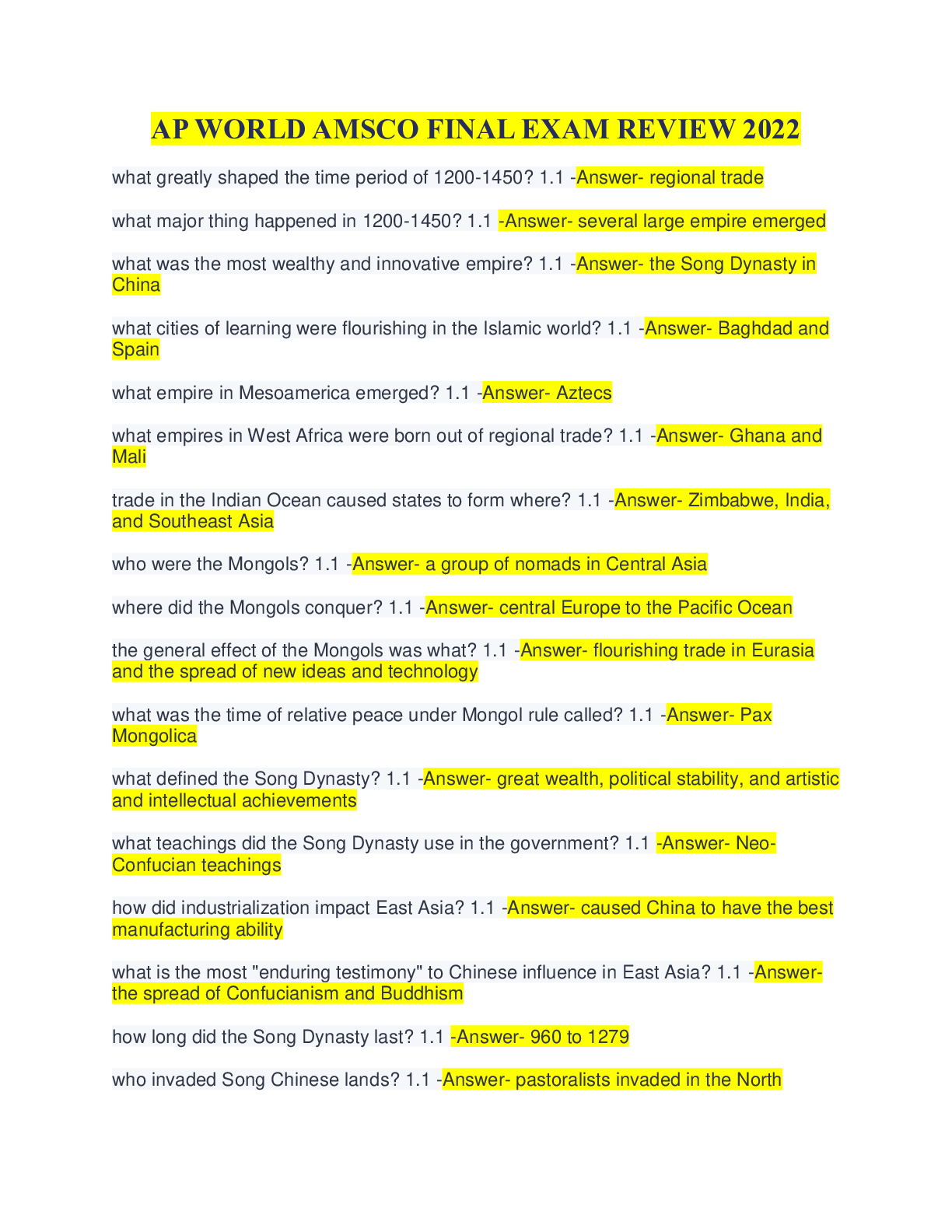 Preview image for AP WORLD AMSCO FINAL EXAM REVIEW 2022